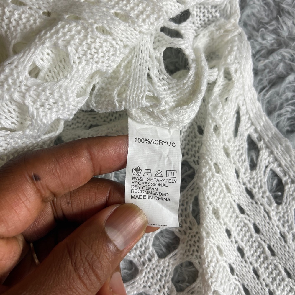 White Open Knit Crochet V Neck Sleeveless Beach Cover Up Tunic Large - Picture 2 of 9